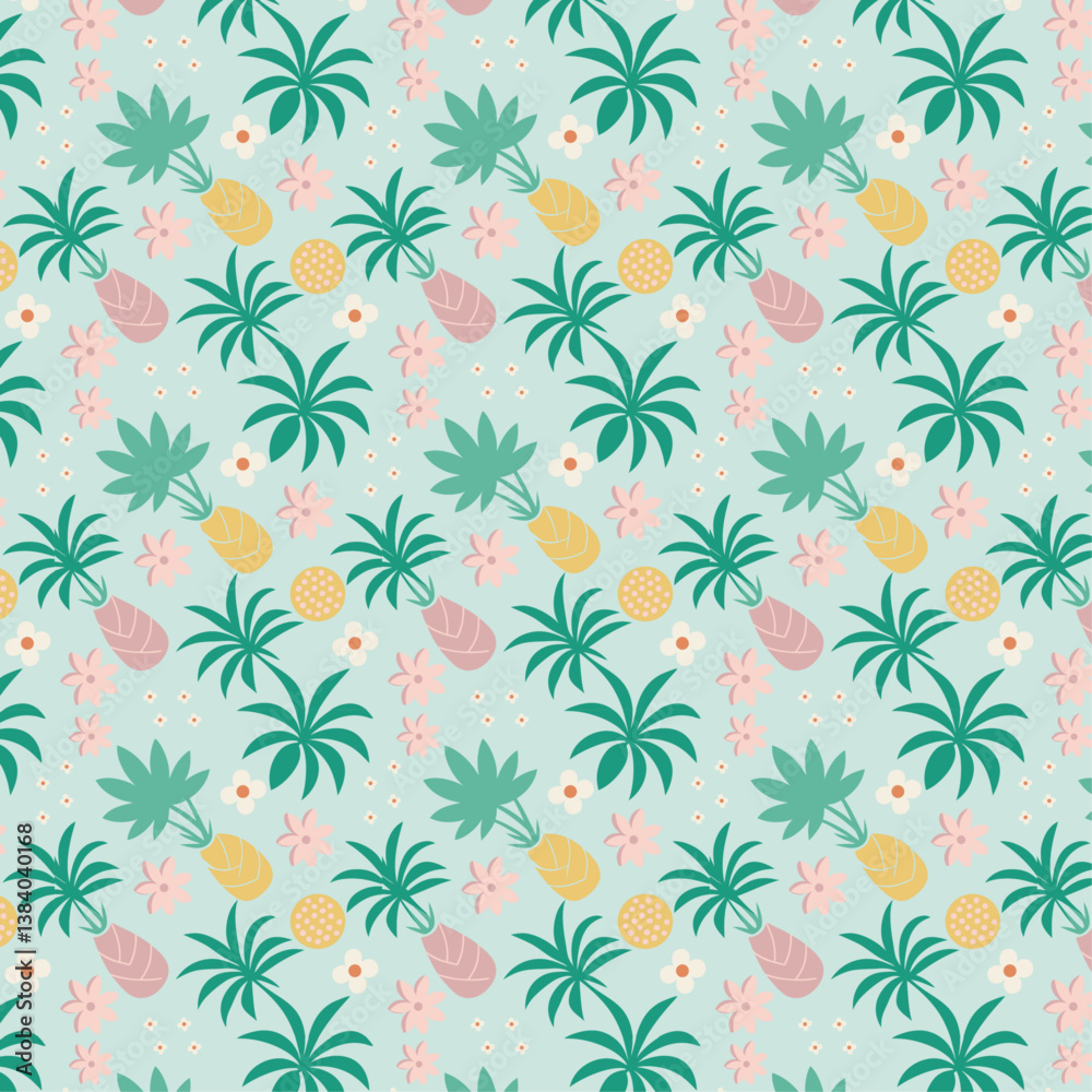 Tropical Palm Trees & Pineapples Seamless Pattern on Light Blue Tropical Palm Trees & Pineapples Seamless Pattern on Light Blue