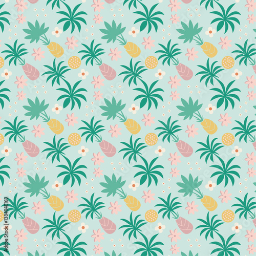 Tropical Palm Trees & Pineapples Seamless Pattern on Light Blue