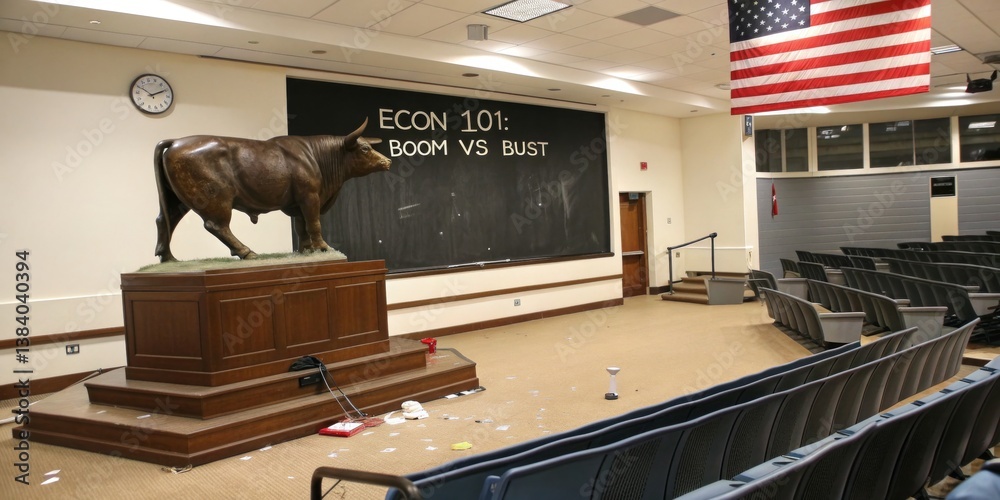 Econ 101 classroom features a cow statue with a blackboard discussing boom and bust during a lecture