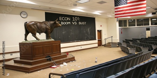 Obraz na płótnie Econ 101 classroom features a cow statue with a blackboard discussing boom and bust during a lecture w salonie