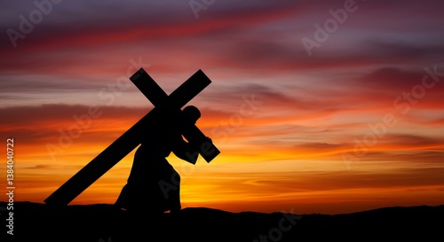 Silhouette of a figure carrying a cross against a vibrant sunset, symbolizing faith, sacrifice, and redemption in a powerful image.