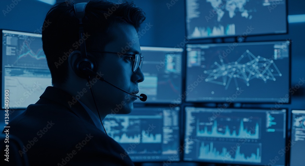 Concentrated Male Analyst Monitoring Financial Data on Multiple Screens in a Dark Control Room Concentrated Male Analyst Monitoring Financial Data on Multiple Screens in a Dark Control Room