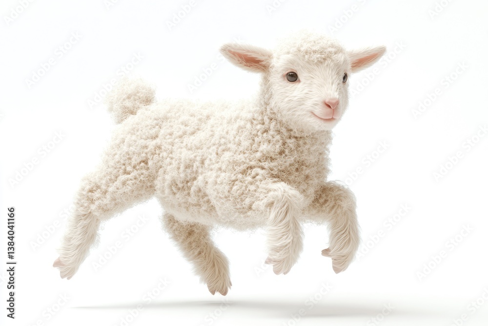 Obraz premium An adorable fluffy lamb leaps playfully in mid-air against a white backdrop.