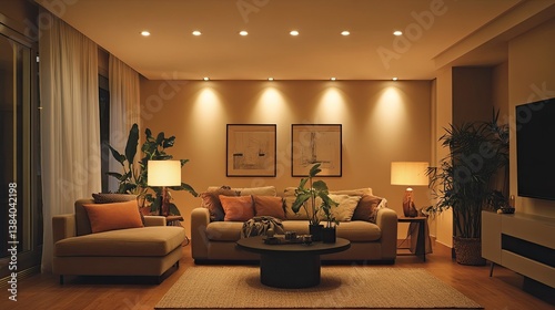 A living room with layered lighting including floor lamps, table lamps, and recessed lighting. 