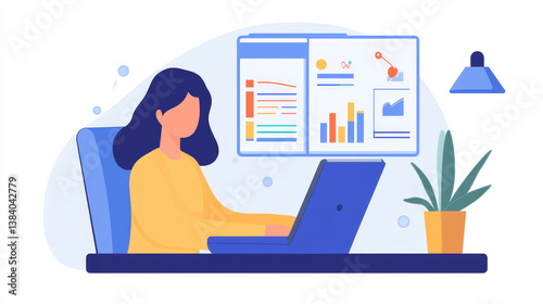Customer data and sales analysis. Financial and statistical web marketing analytics. Graphs and customer database icons. Analyst using laptop computer to analyze data.