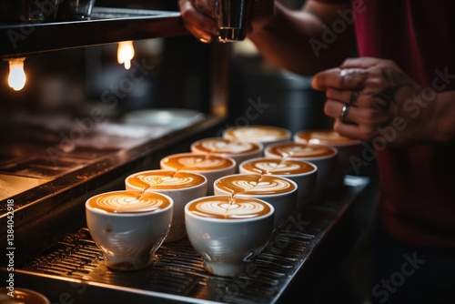 Set of Cappuccino Coffee cups in line on Table
