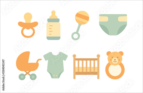 Essential baby icons collection: pacifier, bottle, rattle, diaper, stroller, onesie, crib, toy. Vector icons