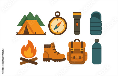 Essential camping gear icons set: tent, backpack, compass, boots, and more in style. Vector icons