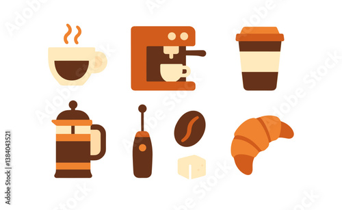 Morning coffee essentials: icons of brewing tools and breakfast delights. Vector icons