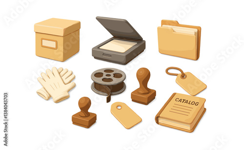 archival and cataloging icons: organizer tools, files, and accessories. Vector icons