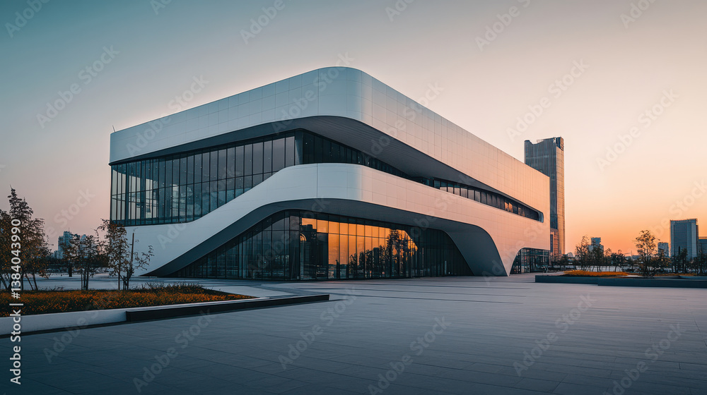 Obraz premium A striking modern building showcases innovative design with smooth curves and glass walls. Sunset casts warm light, enhancing the urban ambiance and highlighting the structure's elegance