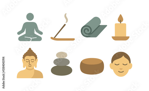 Peaceful meditation set: icons of tranquility and relaxation essentials. Vector icons