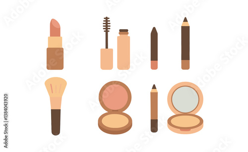 Essential makeup tools: cosmetic icons featuring lipstick, mascara, and brushes for beauty enthusiasts. Vector icons
