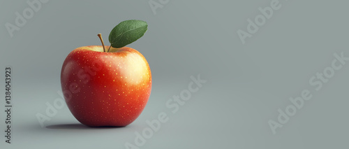 One ripe red apple fruit with green leaf isolated on grey background with clipping path, surrealism 3d render