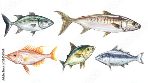 Fish species sketch icons set. Vector isolated horse mackerel, gilt-head bream or sea bass and anchovy, ocean eel, hake or codfish and sardine with for seafood or fish market or fishing sport design.