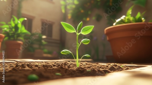 Seedling Growing in Soil Surrounded by Potted Plants in Garden