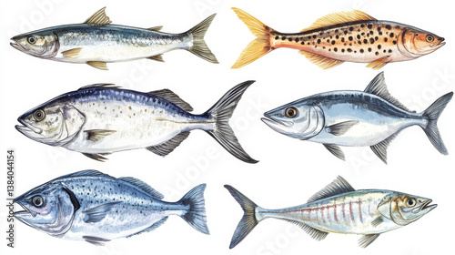 Fish species sketch icons set. Vector isolated horse mackerel, gilt-head bream or sea bass and anchovy, ocean eel, hake or codfish and sardine with for seafood or fish market or fishing sport design.