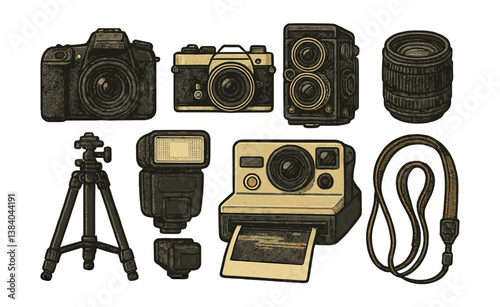 Vintage camera collection in style: classic photography icons and equipment essentials. Vector icons