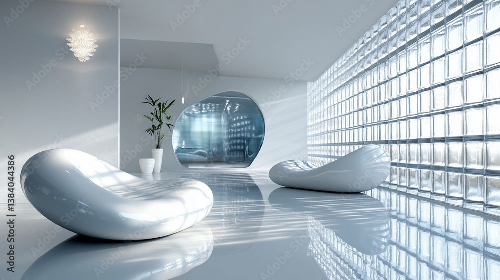 Futuristic White Living Room With Organic Curves and LED Lighting