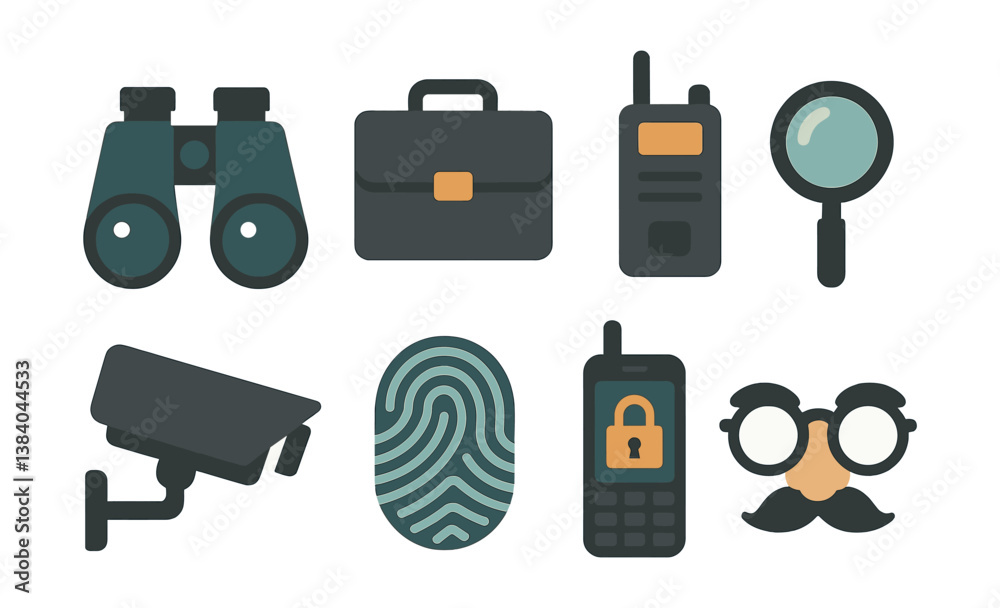 Spy gadgets collection. icons of surveillance tools and detective equipment. Vector icons
