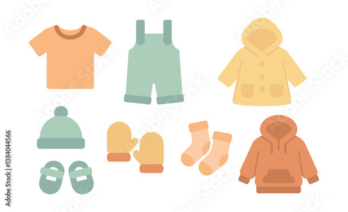 Children's clothing collection. icons: t-shirt, overalls, coat, accessories, hoodie. Vector icons