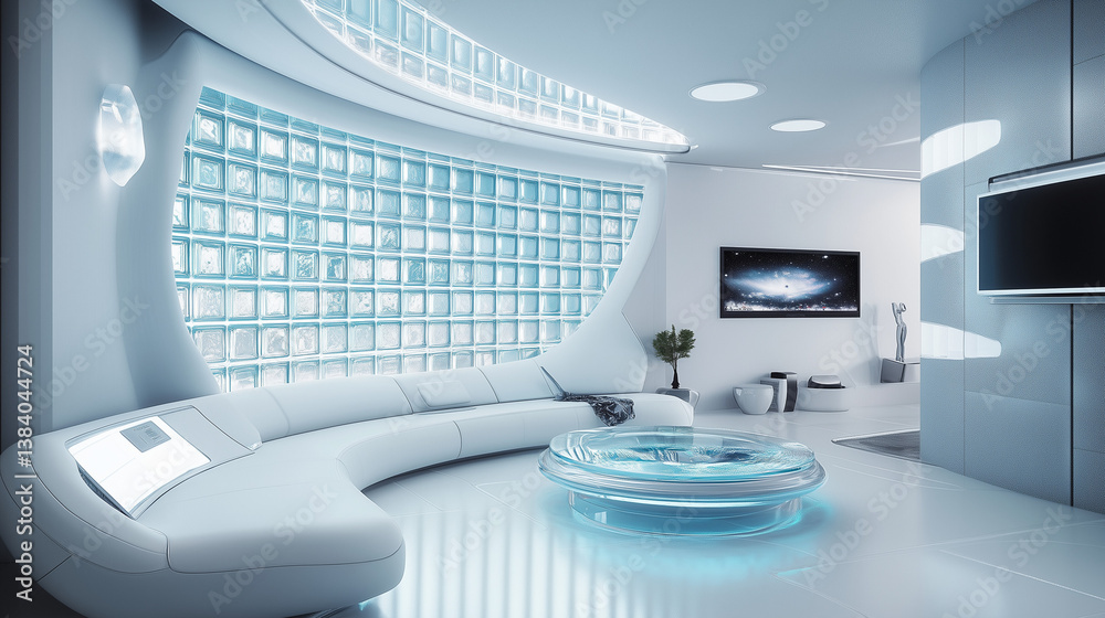 Futuristic White Living Room With Organic Curves and LED Lighting