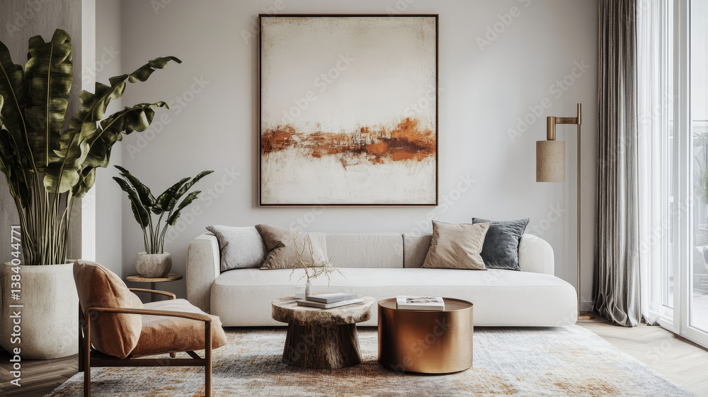 Fototapeta premium Mock up poster in modern living room interior design with concrete empty wall.3d rendering