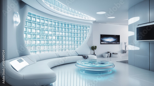 Obraz na płótnie Futuristic White Living Room With Organic Curves and LED Lighting w salonie