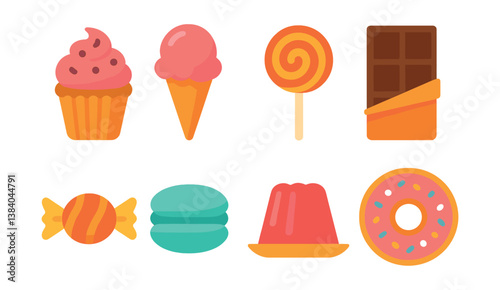 sweet treats icons: cupcake, ice cream, candy, chocolate, and more. Vector icons