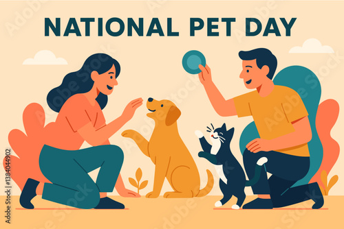 Celebrate national pet day with joyful pets and owners in a vibrant scene. Vector