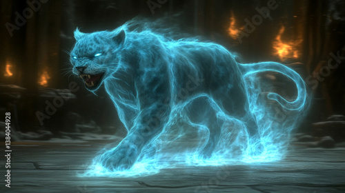 A translucent blue or purple slick spirit panther form symbolizes power, mystery, and transformation, with magical energy emanating from its sleek, ethereal body, set against a modern isolated backgro