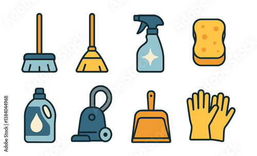 Essential cleaning tools: icons of household cleaning equipment for home maintenance. Vector icons