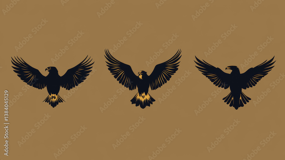 Obraz premium Flying eagle, falcon and hawk vector logo icons showing different wing positions in black silhouette, some with white heads for heraldic or tattoo design