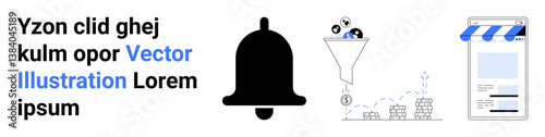 Bell icon, marketing funnel with coins, chart growth, shop interface layout. Ideal for notification, marketing, sales, business analytics, e-commerce conversion strategy simple landing page