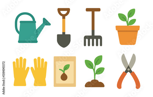 Gardening tools guide. icons of essential garden items including tools and plants. Vector icons