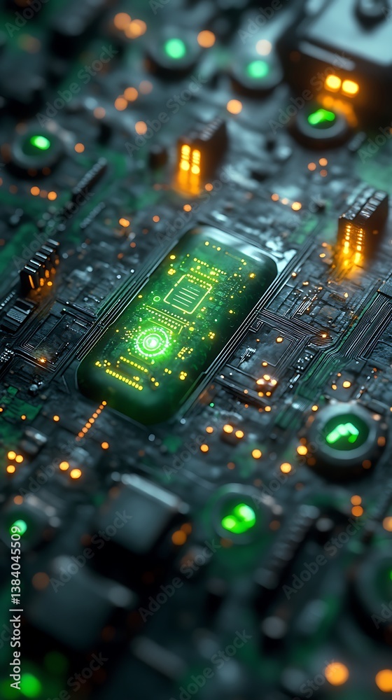 Obraz premium Close-up of Glowing Green Microchip on Dark Circuit Board with Illuminated Components