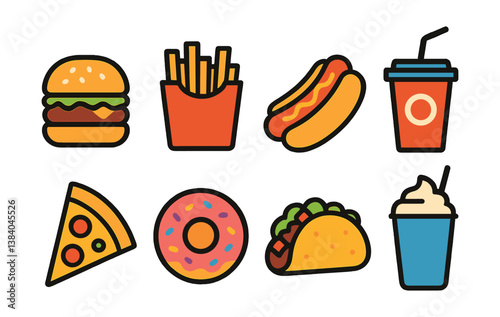 Fast food delight. icons of burgers, fries, hotdogs, drinks, pizza, donuts, tacos, shakes. Vector icons
