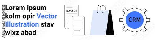 Invoice document, shopping bag, and cogwheel with CRM text represent finance, retail, and customer relationship workflow. Ideal for business operations, e-commerce, invoicing, CRM shopping finance