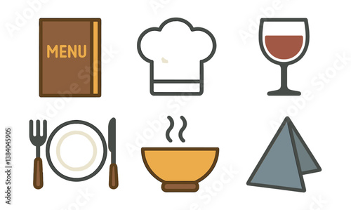 Restaurant essentials: icons of menu, chef hat, wine glass, dining set, bowl, napkin. Vector icons