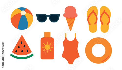 Summer fun icons - beach ball, sunglasses, ice cream, and more for vacation vibes. Vector icons