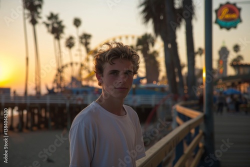 Portrait of a young Caucasian man on the boardwalk in Los Angeles