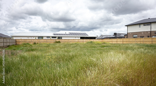 Tall wild grass and weeds growing on vacant land or an undeveloped grassy lot, surrounded by modern suburban houses in an Australian housing development. Plot in a new estate in the outer suburb.