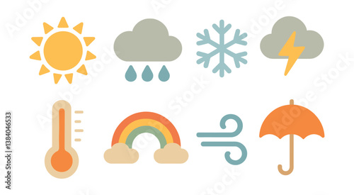 Minimalist weather icons set: sun, clouds, rain, snowflake, thunder, and more. Vector icons