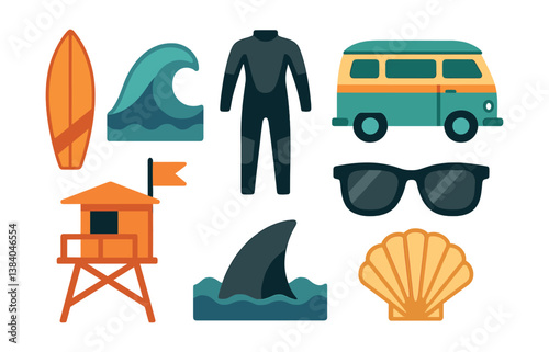Beach and surfing adventure. vibrant icons of surfboard, wetsuit, van, and more for summer fun.. Vector icons