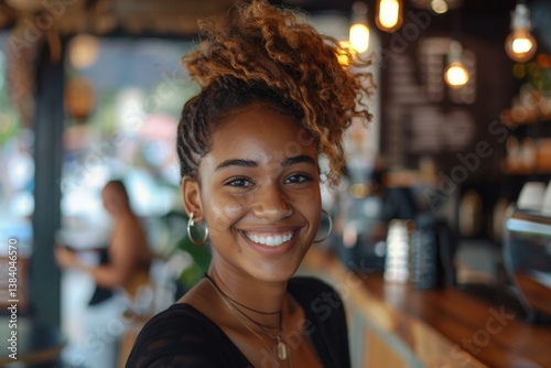 Portrait of a smiling young African American woman in a coffee shop