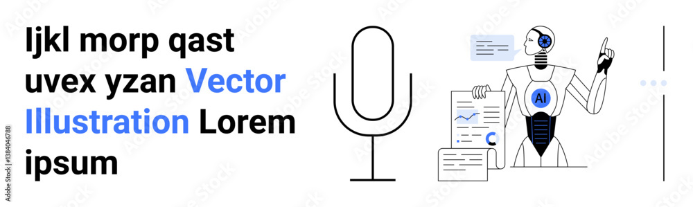 Robot with AI interface holding data sheets and graphs, microphone icon for voice recognition, and digital interface elements. Ideal for AI, data analysis, automation, voice command, innovation Robot with AI interface holding data sheets and graphs, microphone icon for voice recognition, and digital interface elements. Ideal for AI, data analysis, automation, voice command, innovation