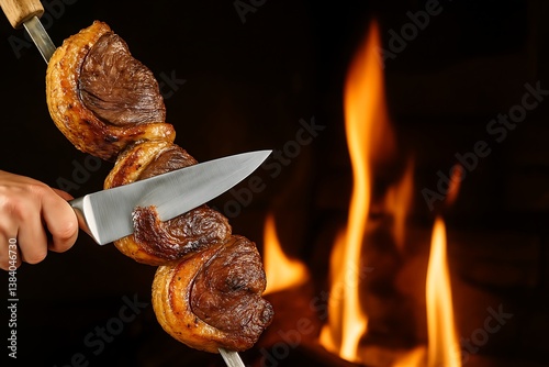 Brazilian Barbecue Delight: A tantalizing close-up of a juicy cut of roasted meat being expertly sliced from a skewer, with a vibrant backdrop of fiery flames. churrasco brasileiro churrascaria 