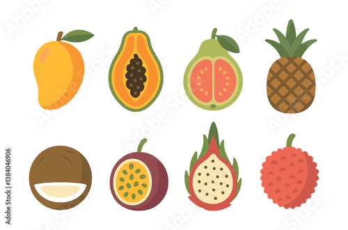 Exotic tropical fruits. icons and list featuring papaya, mango, and more. Vector icons