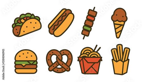 Delightful street food icon set – style illustrations featuring classic favorites. Vector icons