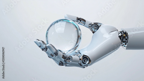Chrome Robotic Hand Holding a Transparent Glass Sphere on White Background
